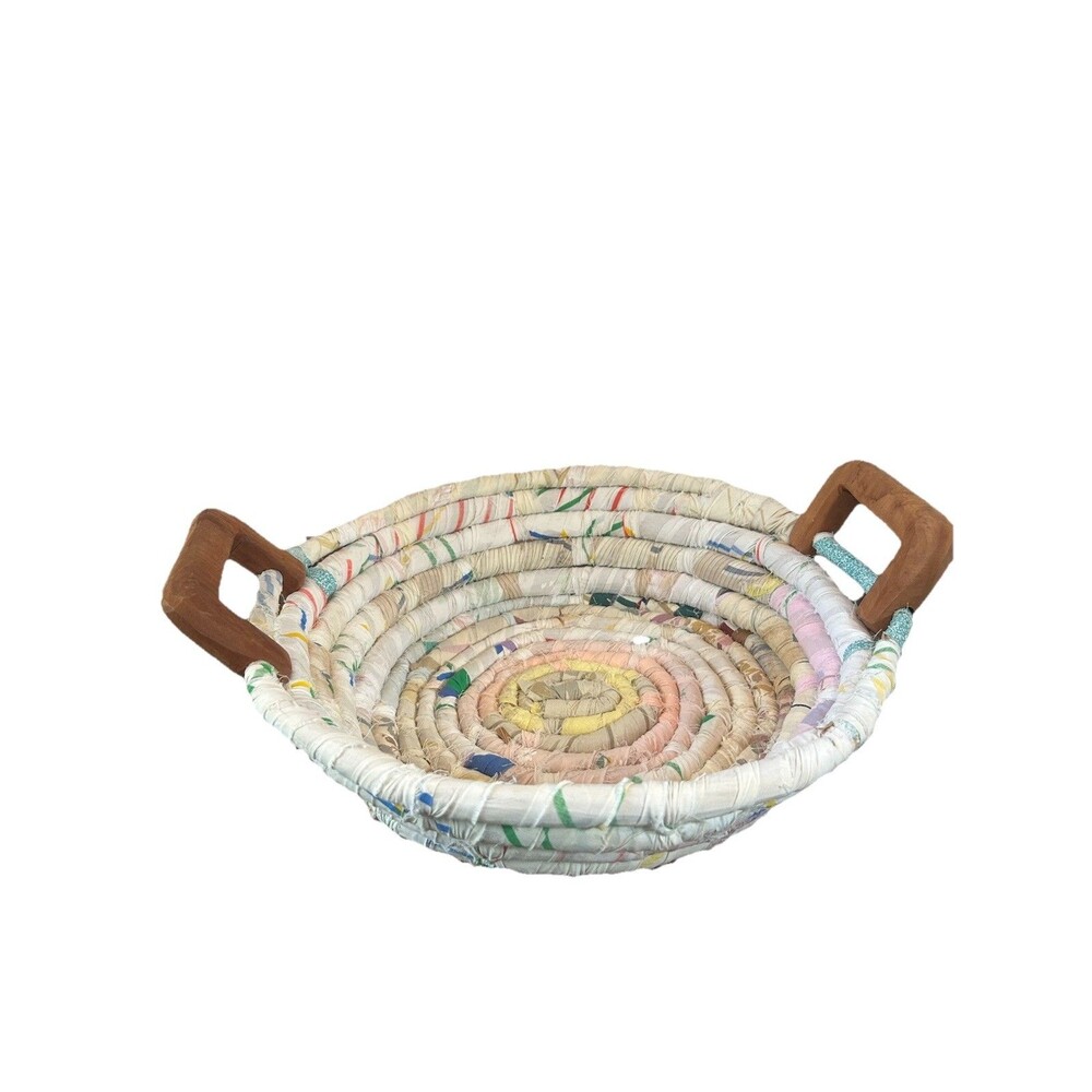 Vintage Handmade Rag Fabric Blue Basket With Handle Farmhouse Decor Cottage - Picture 2 of 16